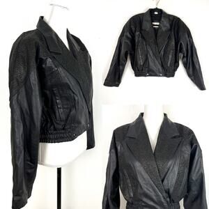 Vintage 80s Womens Black Leather Jacket Cropped Mob Wife Retro Moto Urban Medium